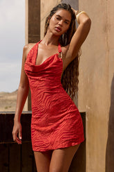 Devoré Cowl A-Line Mini Dress in Chilli Red